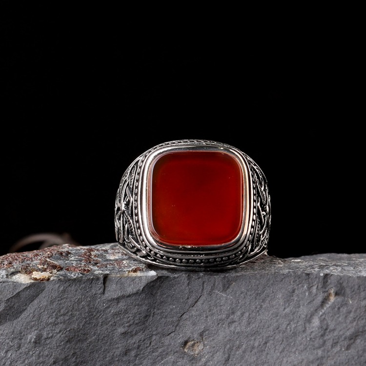 Otantik Desen Motifli Akik Taşlı 925 Ayar Gümüş Erkek Yüzük - Görsel 3
