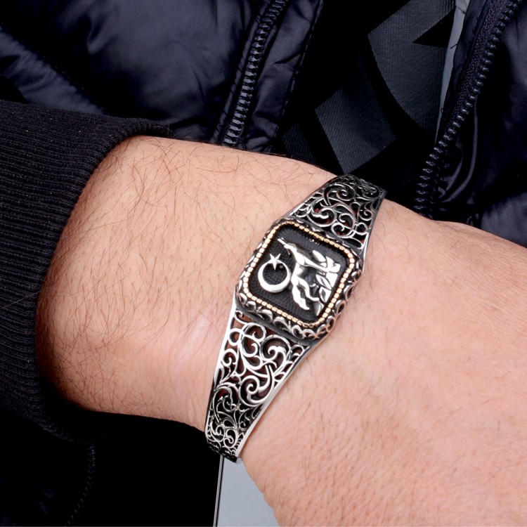 925 Ayar Gümüş Ayyıldız Kurt Model Otantik Motif Erkek Bileklik - Görsel 3
