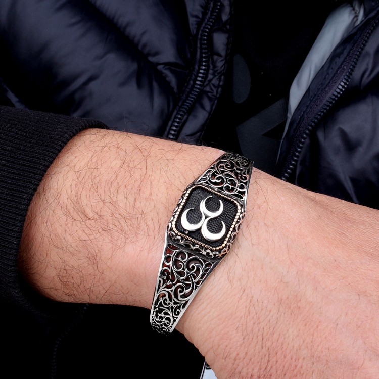 925 Ayar Gümüş Üç Hilal Model Otantik Motif Erkek Bileklik - Görsel 3