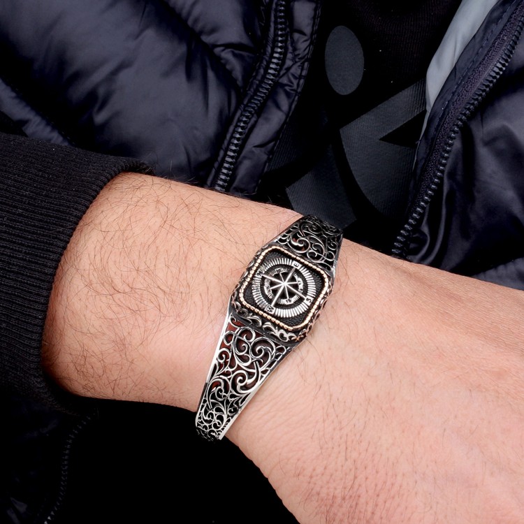 925 Ayar Gümüş Pusula Model Otantik Motif Erkek Bileklik - Görsel 3