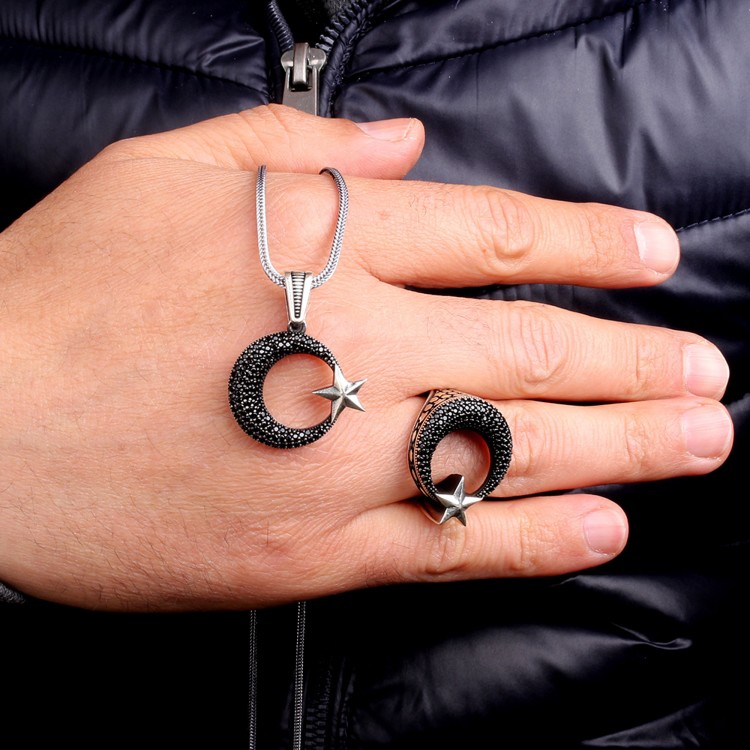 925 Ayar Gümüş Mikro Taşlı Ayyıldız Model Kolye Yüzük Kombini - Görsel 3