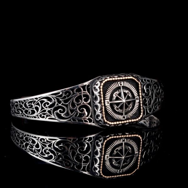 925 Ayar Gümüş Pusula Model Otantik Motif Erkek Bileklik