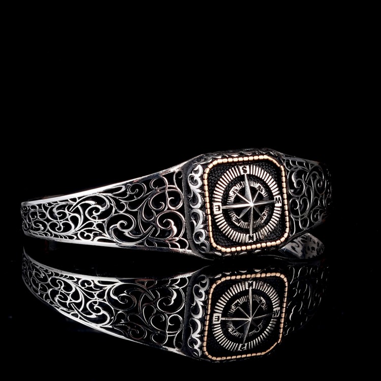 925 Ayar Gümüş Pusula Model Otantik Motif Erkek Bileklik