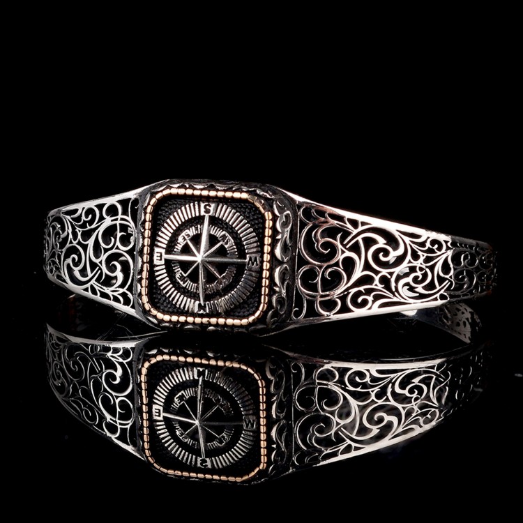 925 Ayar Gümüş Pusula Model Otantik Motif Erkek Bileklik - Görsel 2