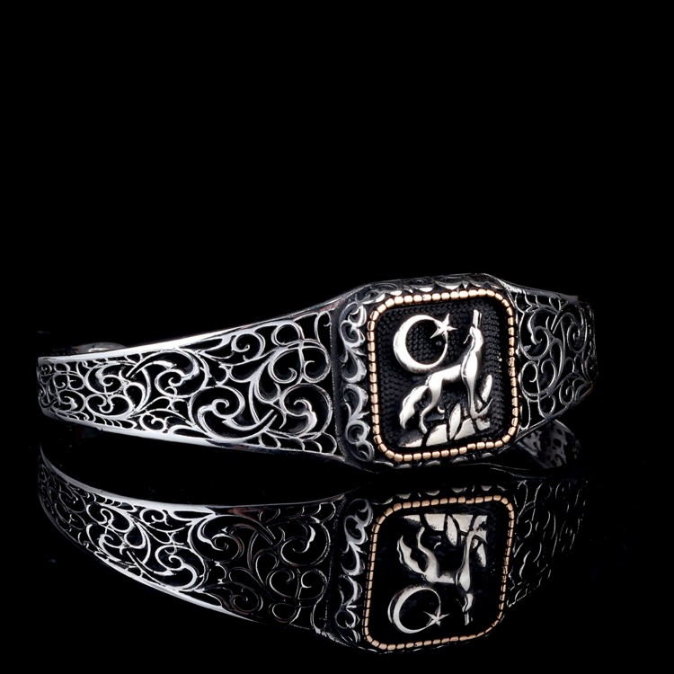925 Ayar Gümüş Ayyıldız Kurt Model Otantik Motif Erkek Bileklik