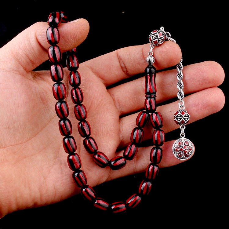 925 Ayar Gümüş Mineli Püsküllü Siyah Bordo Renk Ateş Kehribar Tesbih - Görsel 3