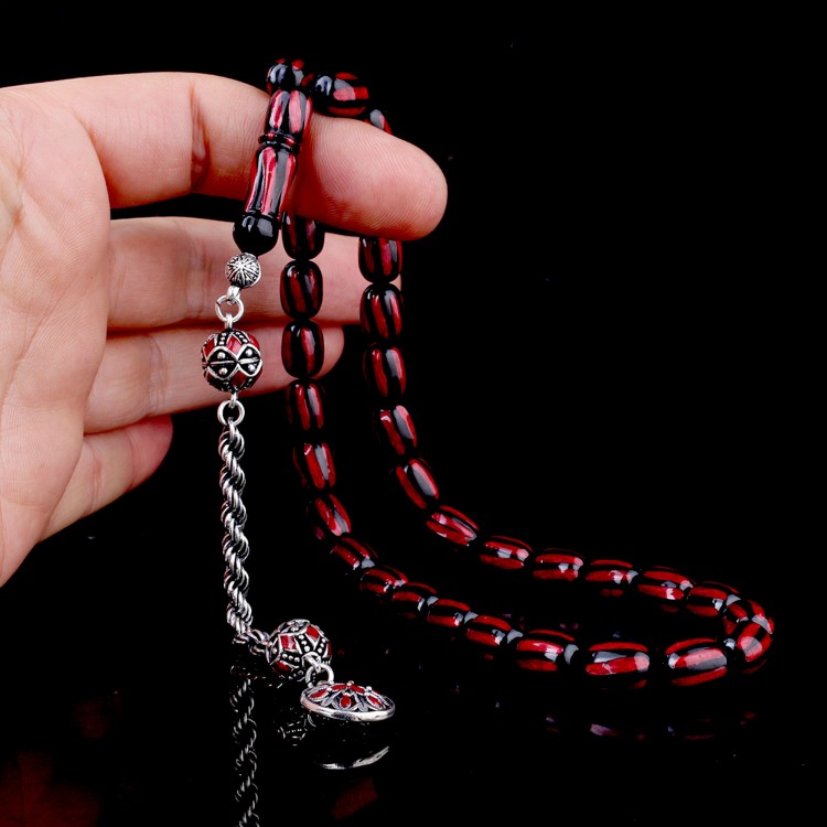 925 Ayar Gümüş Mineli Püsküllü Siyah Bordo Renk Ateş Kehribar Tesbih - Görsel 4