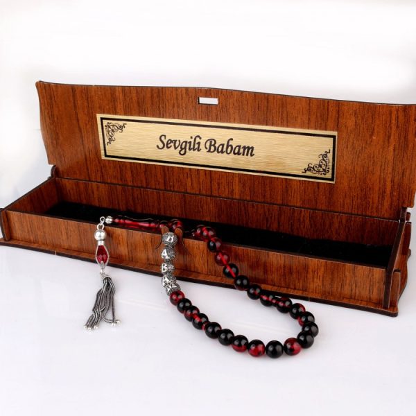 Gümüş Püsküllü Sevgili Babam Yazılı Ahşap Kutulu Ateş Kehribar Tesbih