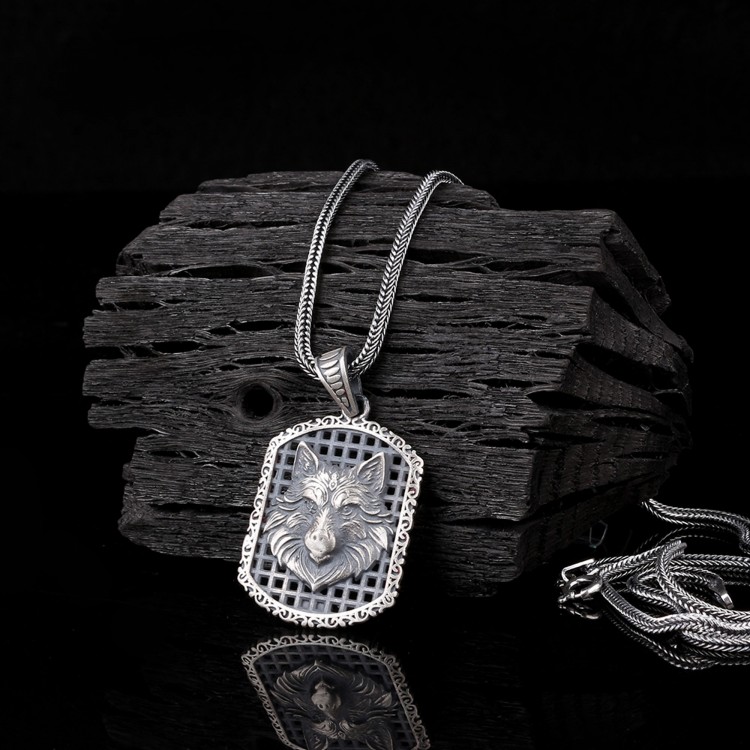 925 Ayar Gümüş Kurt Motifli Unisex Model Kolye - Görsel 2