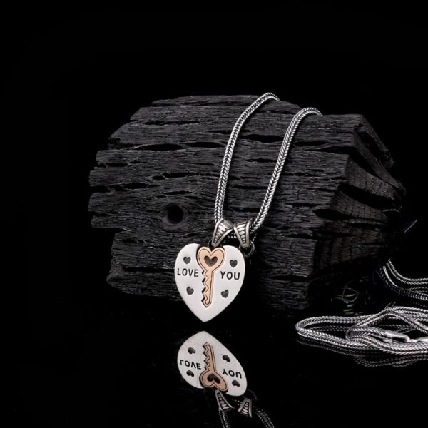 925 Ayar Gümüş Kalp Anahtar Motifli Unisex Model Kolye