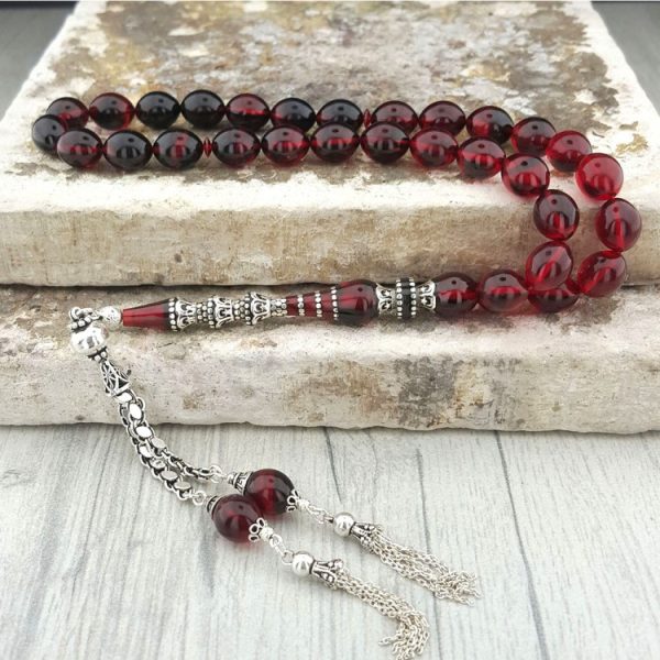 Özel Tasarım Gümüş Püsküllü Kırmızı Siyah Ateş Kehribar Tesbih
