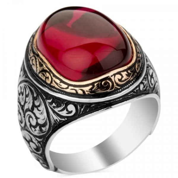 Ruby Taşlı Kalem İşleme Desenli Gümüş Erkek Yüzük